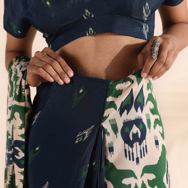 Muslin Ikat Print Saree | Pre-Stitched | Green & Blue