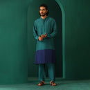 Silk Blend Long Kurta for Men | Color-Block | Blue