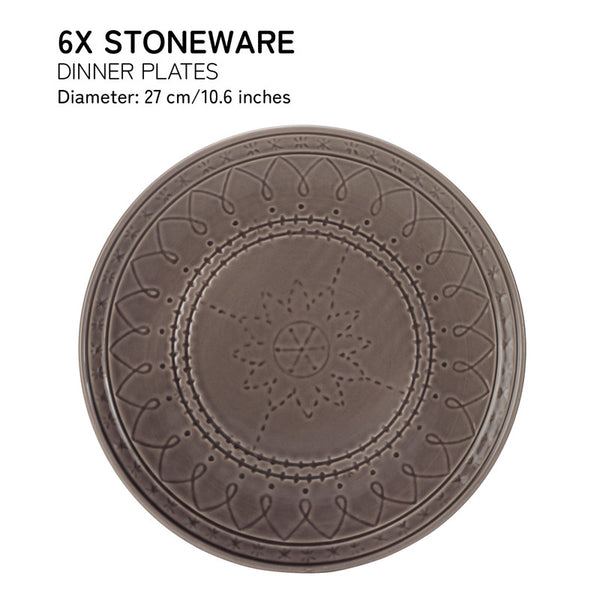 Ceramic Dinner Plate | Stoneware Emboss Design | Large | 10.6 Inches | Ash Grey | Set of 6