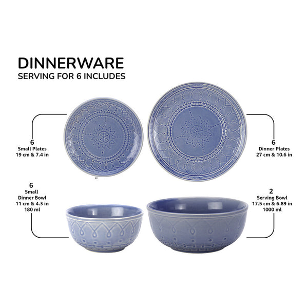 Ceramic Dinner Set | 6 Dinner Plates, 6 Small Plates, 6 Bowl & 2 Serving Bowl | Mist Blue | Set of 20