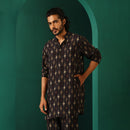 Muslin Silk Ikat Kurta Set for Men | Printed | Black