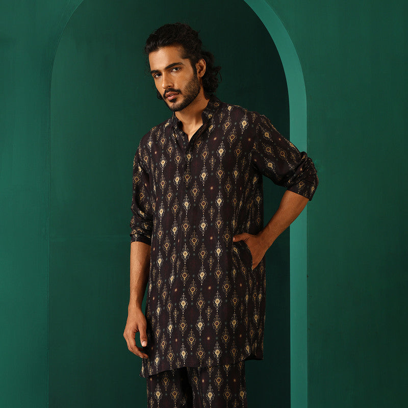 Muslin Silk Ikat Kurta Set for Men | Printed | Black