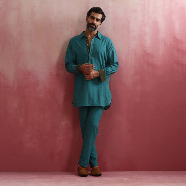 Cotton Kurta Set for Men | Teal Green | Shirt Collar