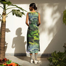 Upcycled Cotton Printed Midi Dress | Green | Side Slit