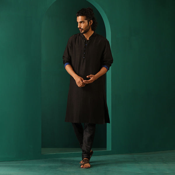 Black Long Kurta for Men | Silk Blend