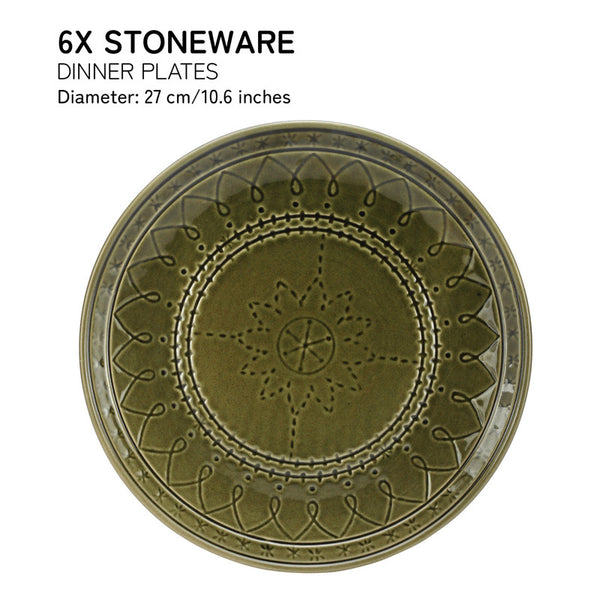 Ceramic Dinner Plate | Stoneware Emboss Design | Large | 10.6 Inches | Moss Green | Set of 6