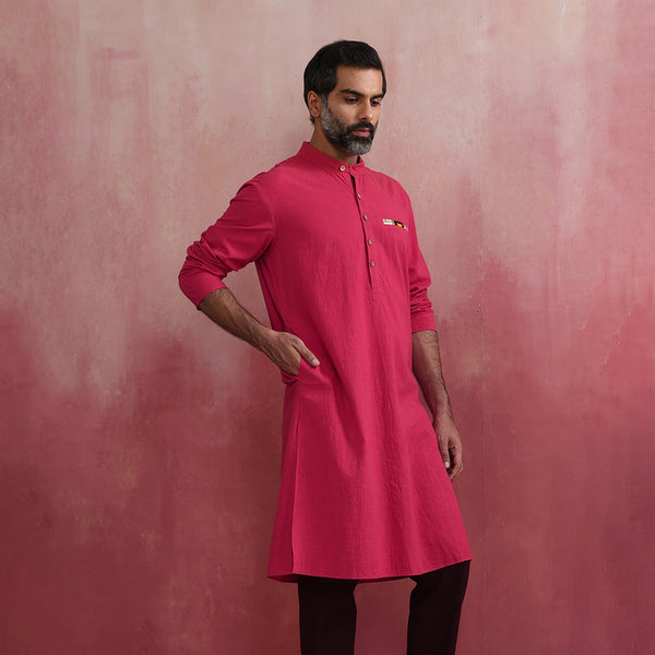 Cotton Pink Kurta for Men | Mandarin Collar