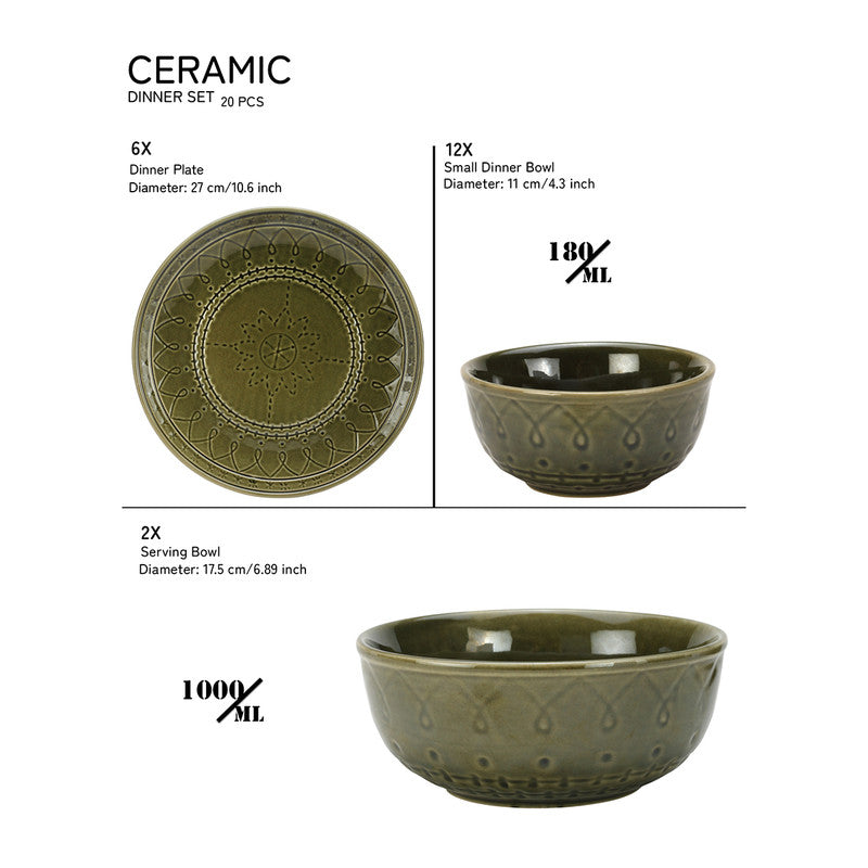 Stoneware Ceramic Dinner Set | 6 Dinner Plates, 12 Bowl & 2 Serving Bowl | Moss Green | Set of 20