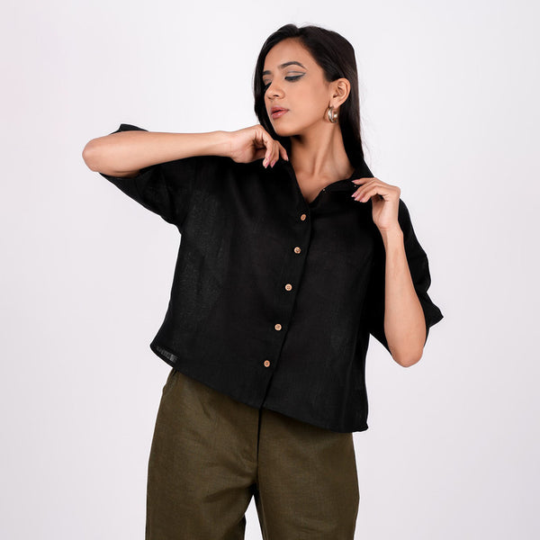 Black Linen Shirt for Women | Drop Shoulder