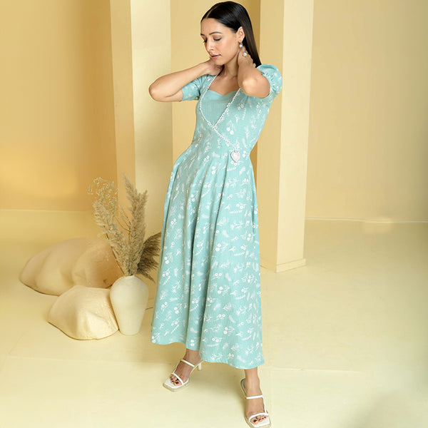 Slub Cotton Flared Dress for Women | Floral Print | Sea Green