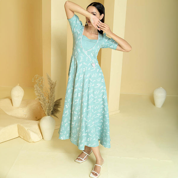 Slub Cotton Flared Dress for Women | Floral Print | Sea Green