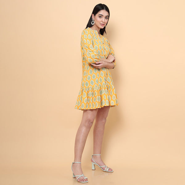 Cotton Short Dress for Women | Ruffled | Yellow