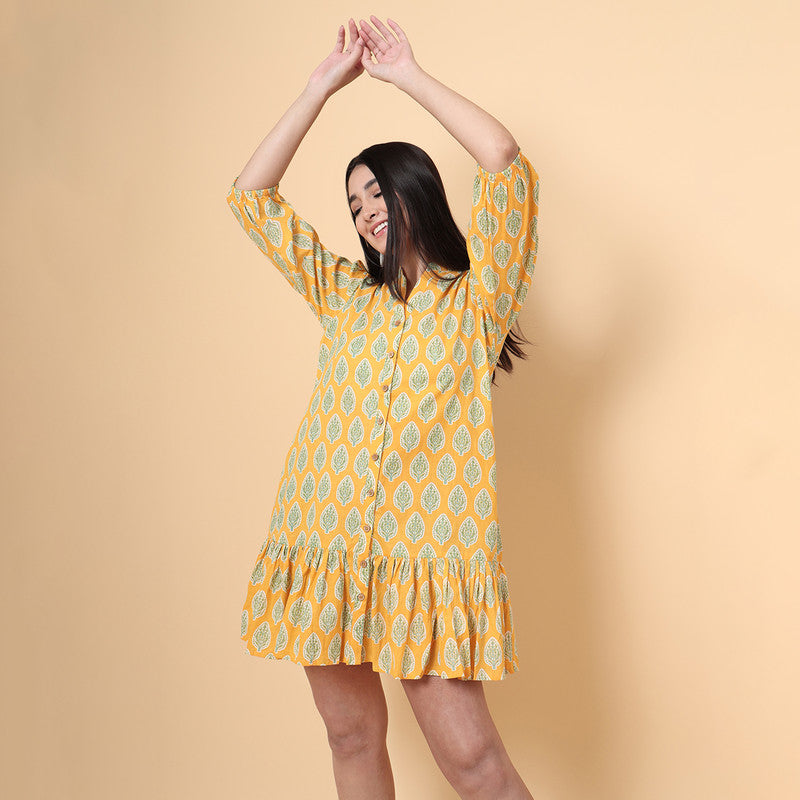 Cotton Short Dress for Women | Ruffled | Yellow