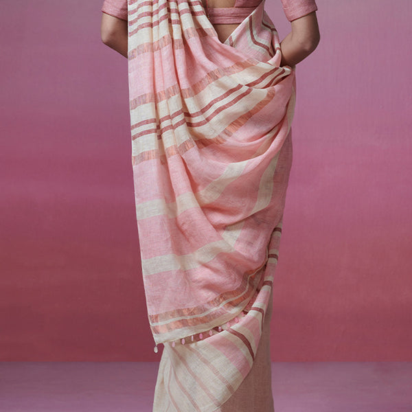 Linen Saree | Beige & Pink | Striped