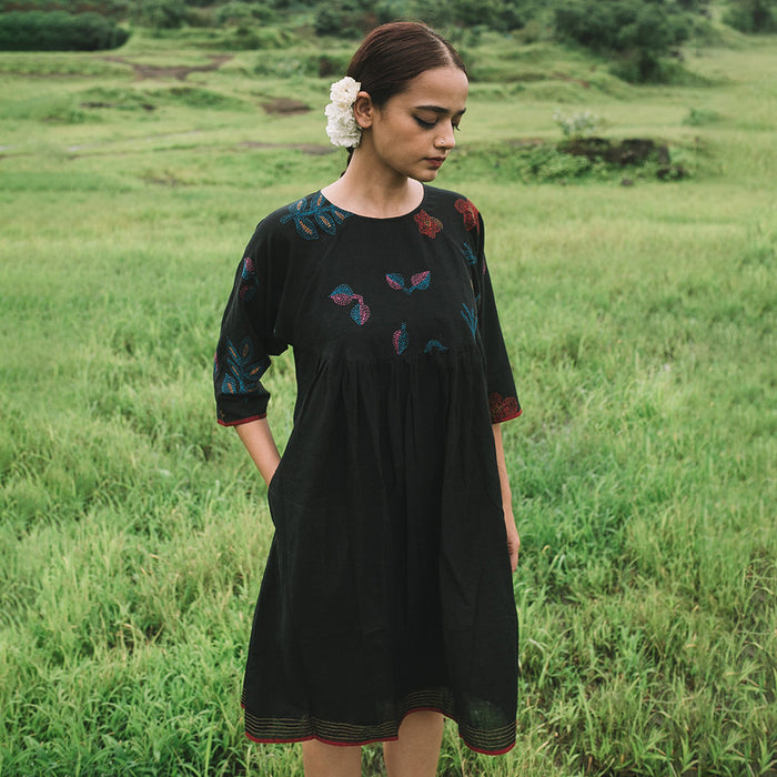 Cotton Embroidered Black Dress for Women | Kantha Stitch