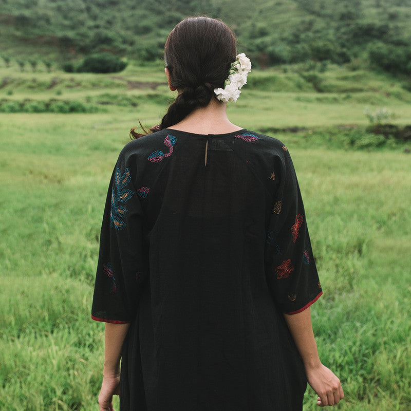 Cotton Embroidered Black Dress for Women | Kantha Stitch