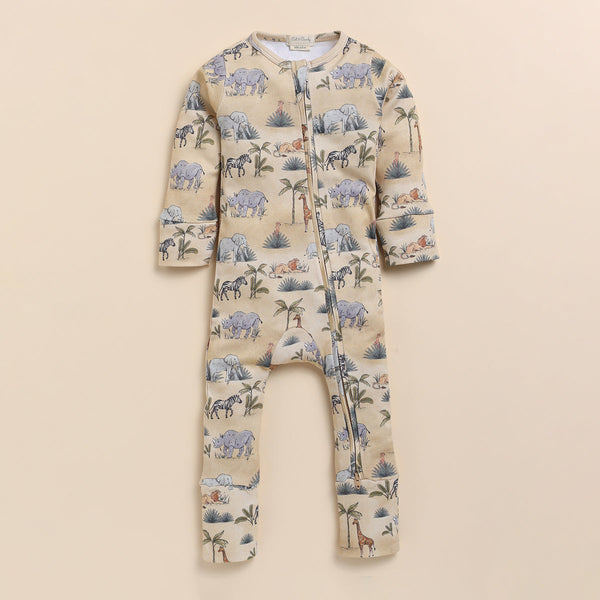 Organic Cotton Baby Zipsuit | Jungle Safari Print | Beige.