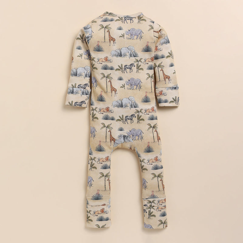 Organic Cotton Baby Zipsuit | Jungle Safari Print | Beige.