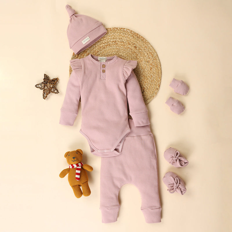 Organic Cotton Baby Clothes Set | Bodysuit with Pants | Mittens & Booties | Beanie | Pink Blush