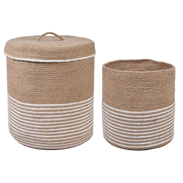 Cotton & Jute Laundry Storage Basket | Striped Design | Beige & White