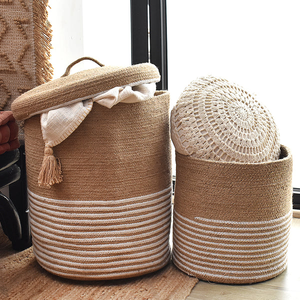 Cotton & Jute Laundry Storage Basket | Striped Design | Beige & White