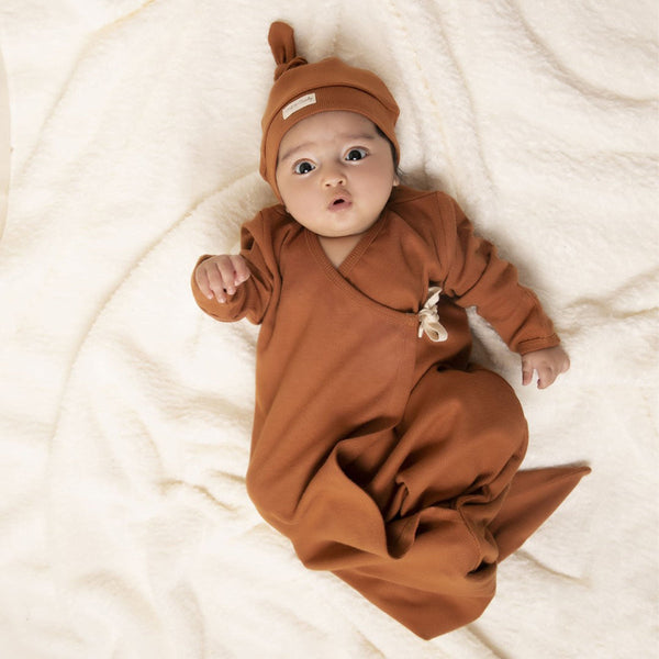Newborn Baby Essentials | Swaddle Wrap | Beanie Cap & Mittens | Ginger Brown