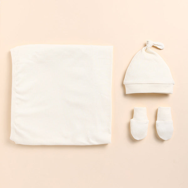 Newborn Baby Essentials | Swaddle Wrap | Beanie Cap & Mittens | Milky White