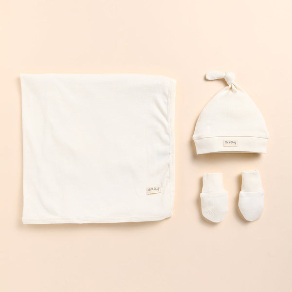 Newborn Baby Essentials | Swaddle Wrap | Beanie Cap & Mittens | Milky White