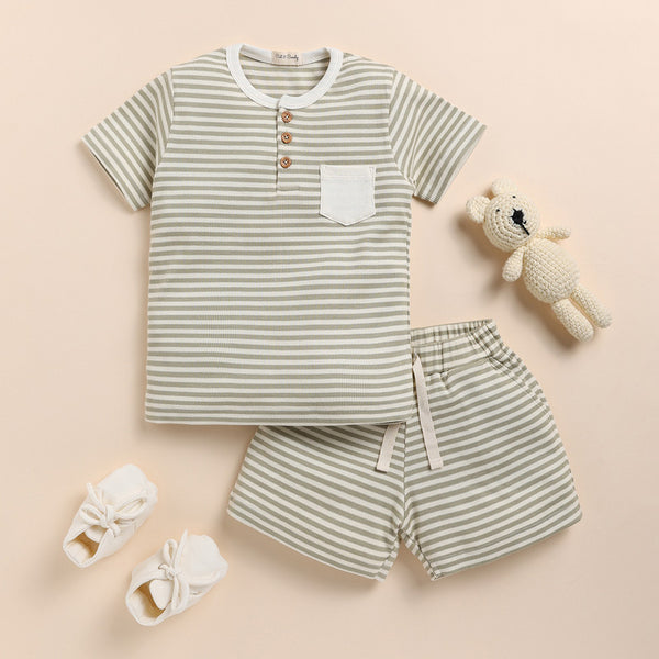 Cotton Cort Set | T- Shirt With Shorts | Dewkist Stripe | Green