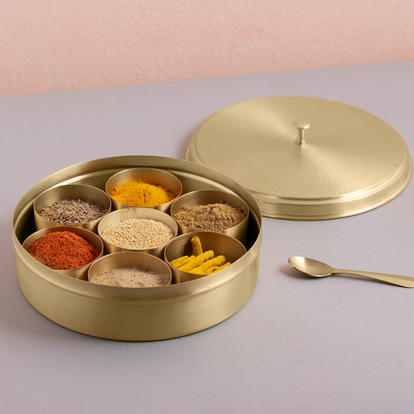 Brass Masala Box | 7 Containers | 8 inches | Hammered Lid