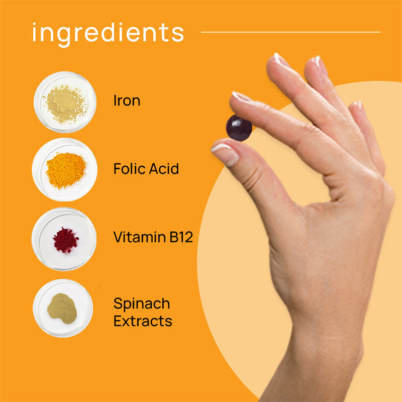 Iron Gummies | Folic Acid & Vitamin B12 | Reduces Tiredness & Fights Anaemia | 30 Gummies