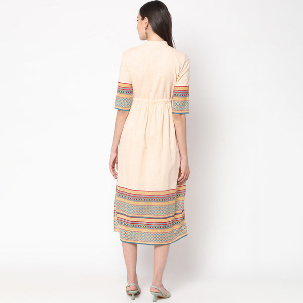 Cotton Midi Dress for Women | Printed Hemline | Off-White