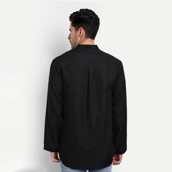 Black Linen Short Kurta for Men | Full Sleeves