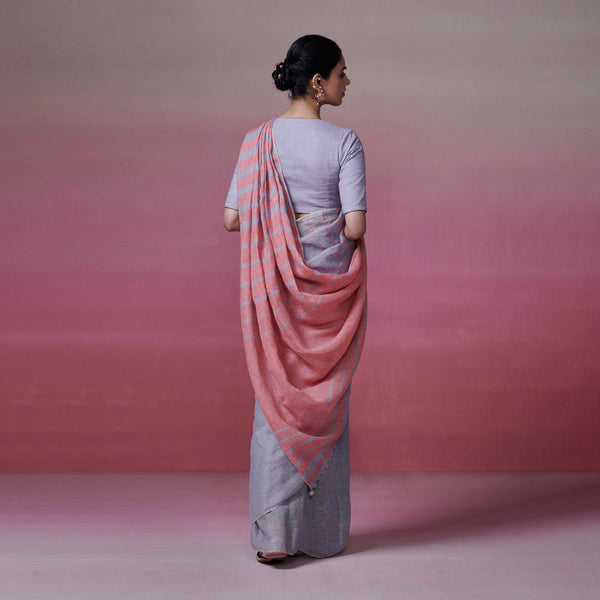 Linen Saree | Blue & Pink | Striped