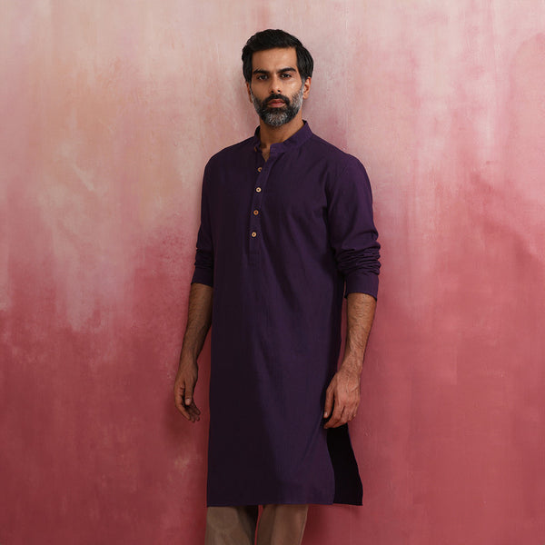 Cotton Long Kurta for Men | Purple | Mandarin Collar