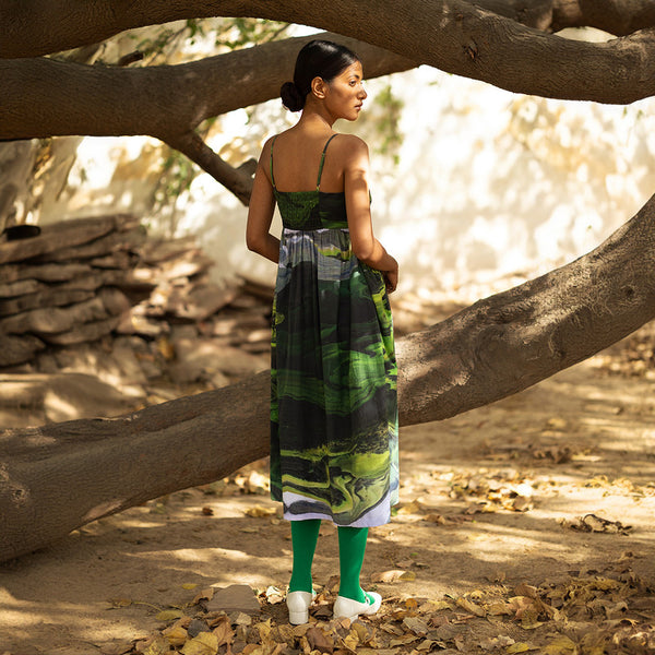 Upcycled Cotton Printed Midi Dress | Green | Adjustable Straps