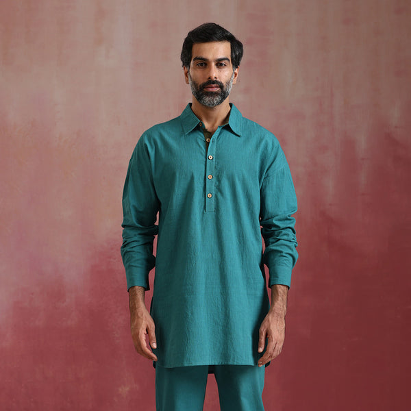 Cotton Kurta Set for Men | Teal Green | Shirt Collar