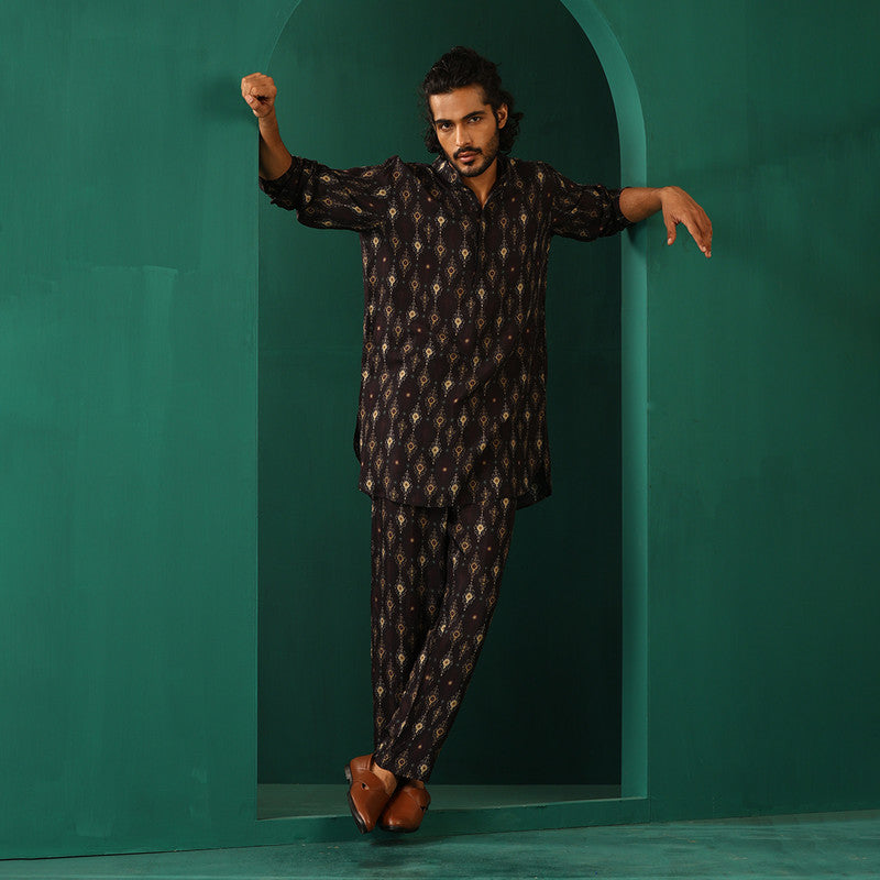 Muslin Silk Ikat Kurta Set for Men | Printed | Black