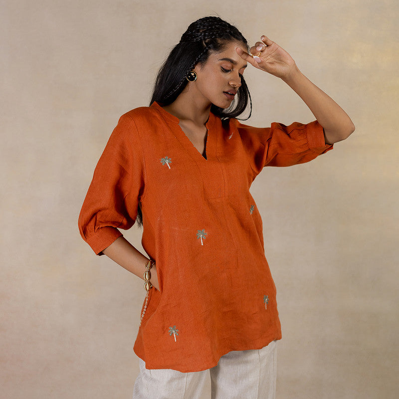 Linen Top for Women | V-Neck | Tan Rust