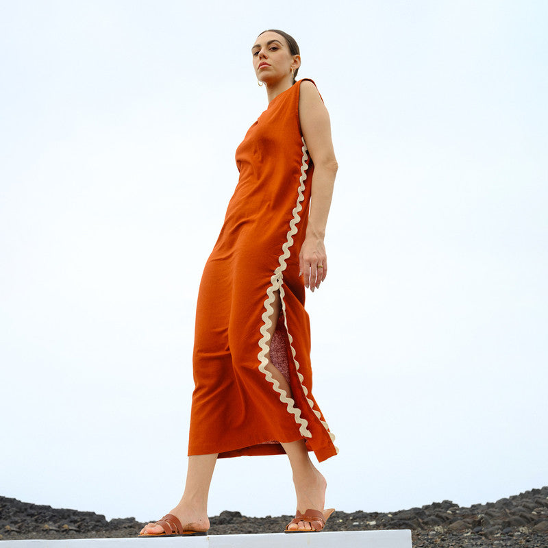 Linen Ankle-Length Dress for Women | Side Slit | Orange