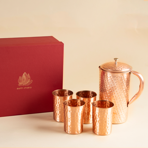 Pure Copper Jug & 4 Glasses With Gift Box | Hammered | Gift Pack