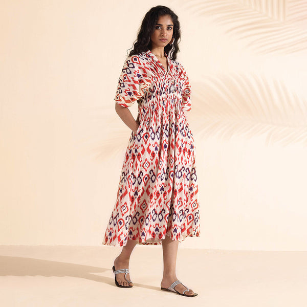 Cotton Ikat Paisley Printed Dress | Flared Fit | Carrot