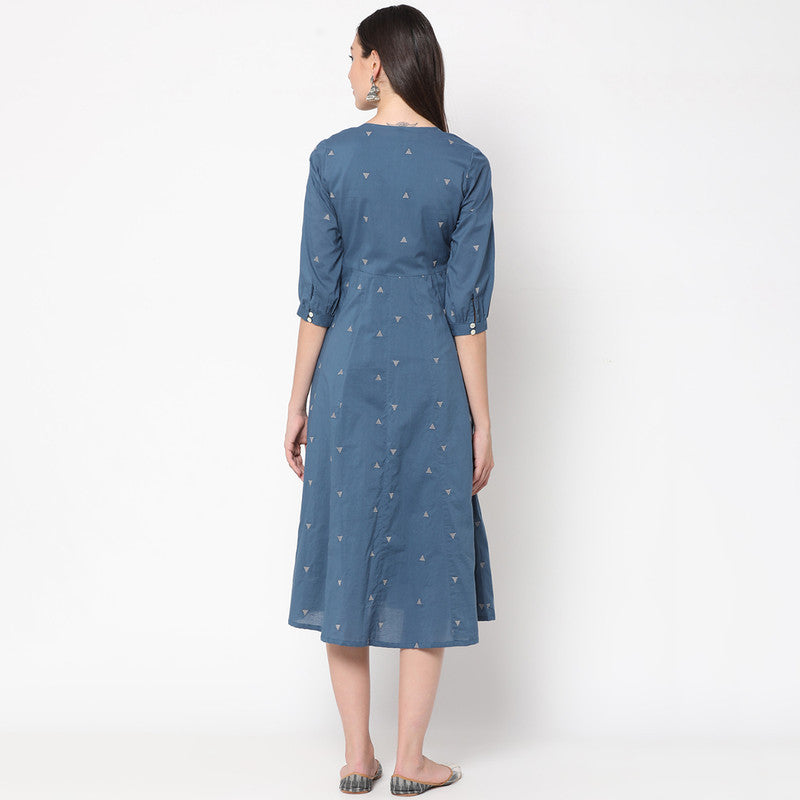 Cotton Midi Layered Dress for Women | Tie-Up | Blue