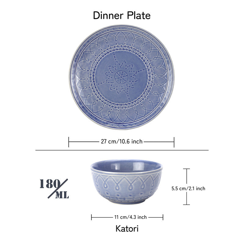 Ceramic Dinner Set | 6 Dinner Plates & 12 Bowl Katori | Mist Blue | Set of 18