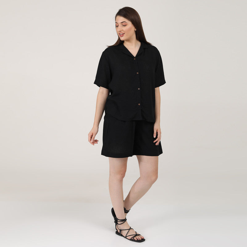 Linen Black Co Ord Set | Shirt & Shorts for Women