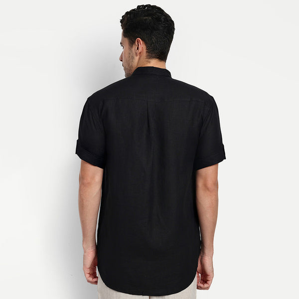 Black Linen Shirt for Men | Mandarin Collar