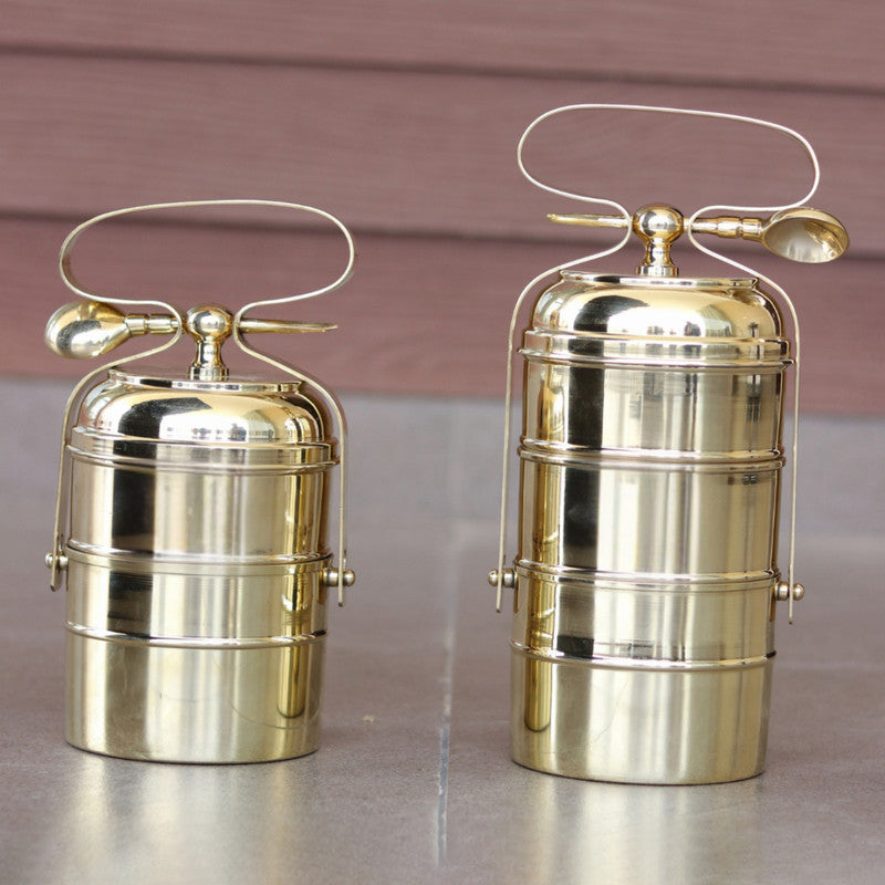 Vintage Brass Tiffin Box | 2 Layer | Golden