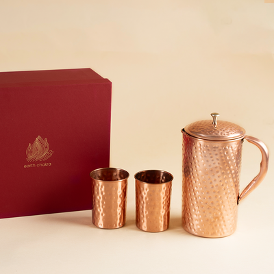 Pure Copper Jug & Glasses with Gift Box | Hammered | Gift Pack