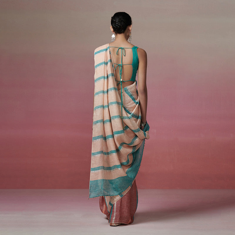 Linen Saree | Peach & Green