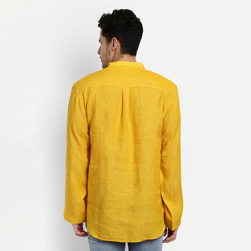 Linen Short Kurta for Men | Full Sleeves | Yellow